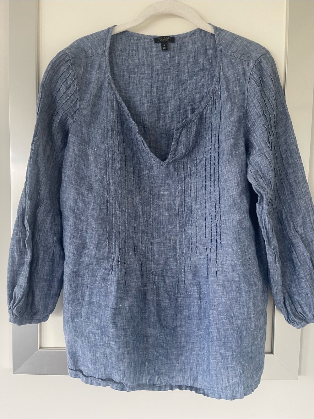 Talbots blue chambray pintuck popover blouse